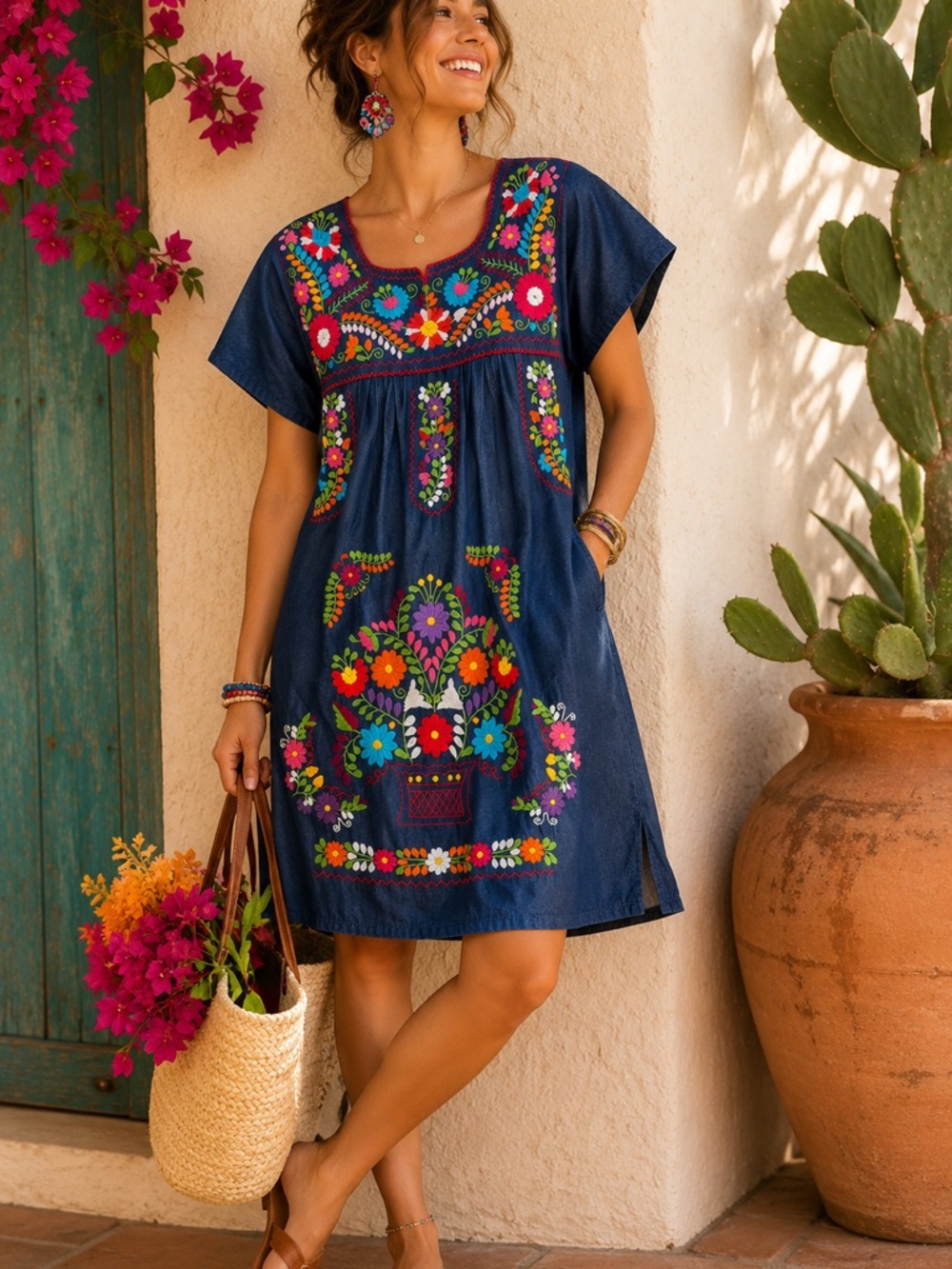 Mexican Embroidered Floral Chambray Tunic Dress Colorful Boho Oaxaca Medium